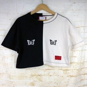 CHNGE T-Shirt Women S Black Ivory Split Butterfly Crop Boxy Two-Tone Sustainable